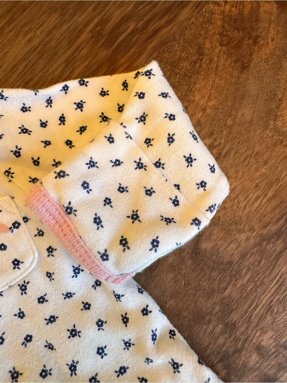 White Footed One-Piece with Pink Trim and Navy Dot Print